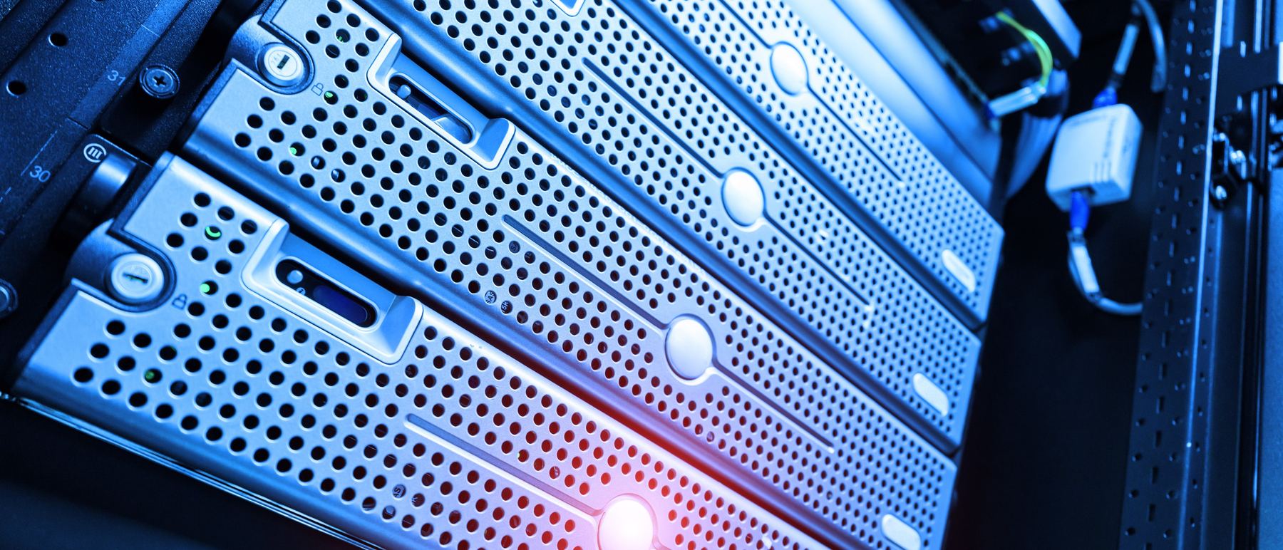 Close-up of a secured server rack with status lights