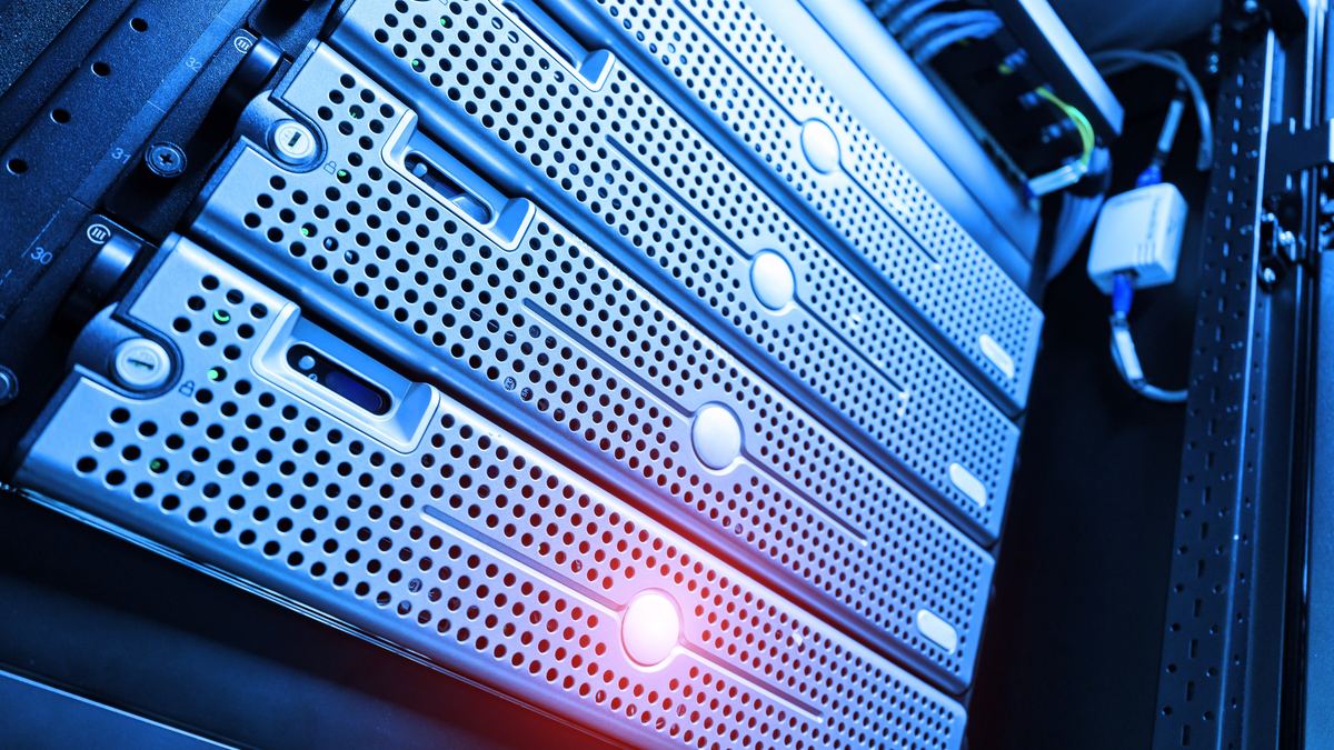 Close-up of a secured server rack with status lights